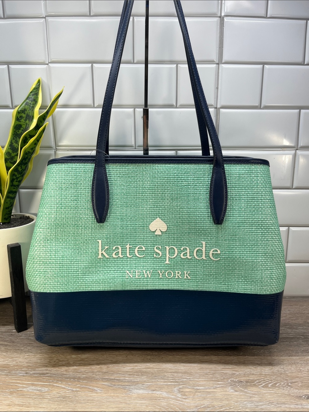 0KSS kate spade Mint and Navy Woven Tote 11000KSS